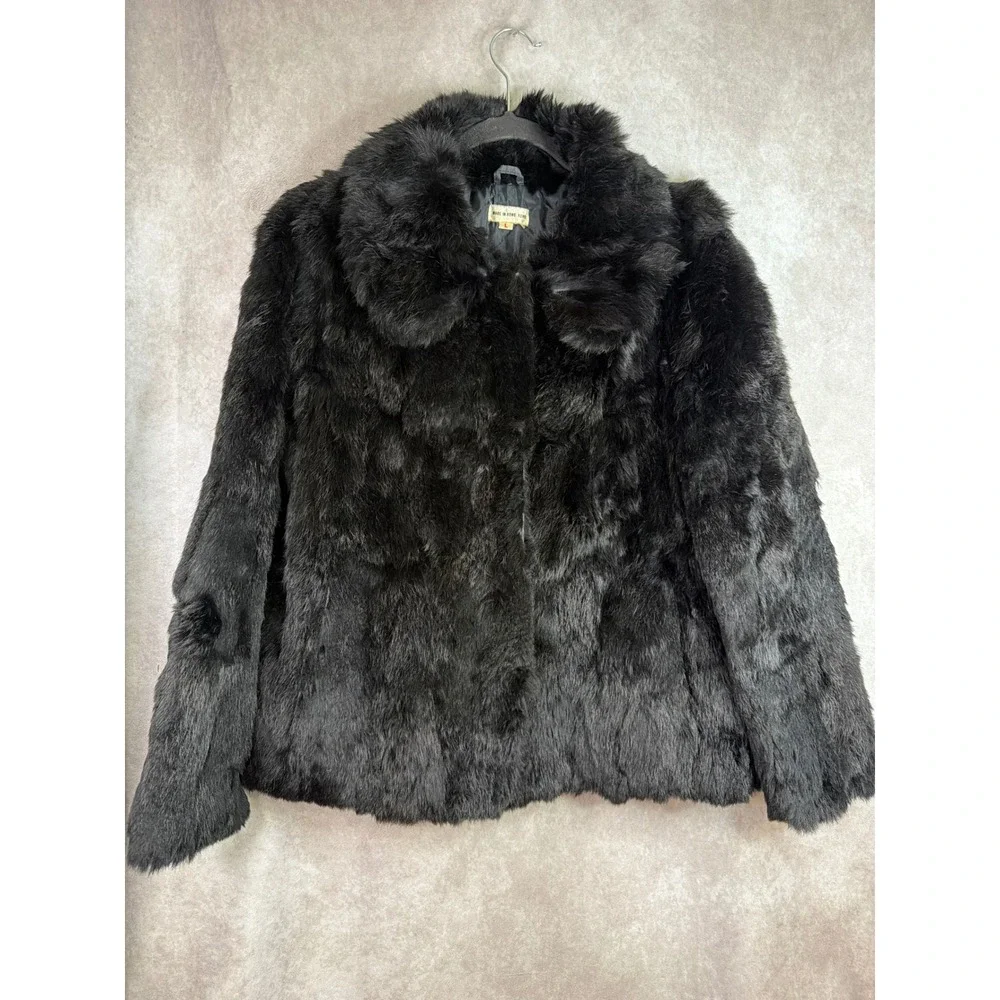 Vintage Genuine Rabbit Fur Jacket Women Large Black Quilted Lining Mob Wife